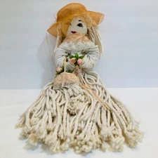 Mop Doll Cloth Face Hat Lace Collar Basket of Light Pink Rosebud Flowers 21"