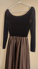 Vintage Dave Johnny Velvet Satin Formal Dress Long Sleeve V-Back Brown Stretch