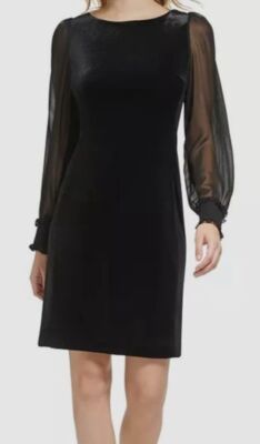 Karl Lagerfeld Paris Women's Black Velvet Unlined Sheer-Sleeve Dress Size 6