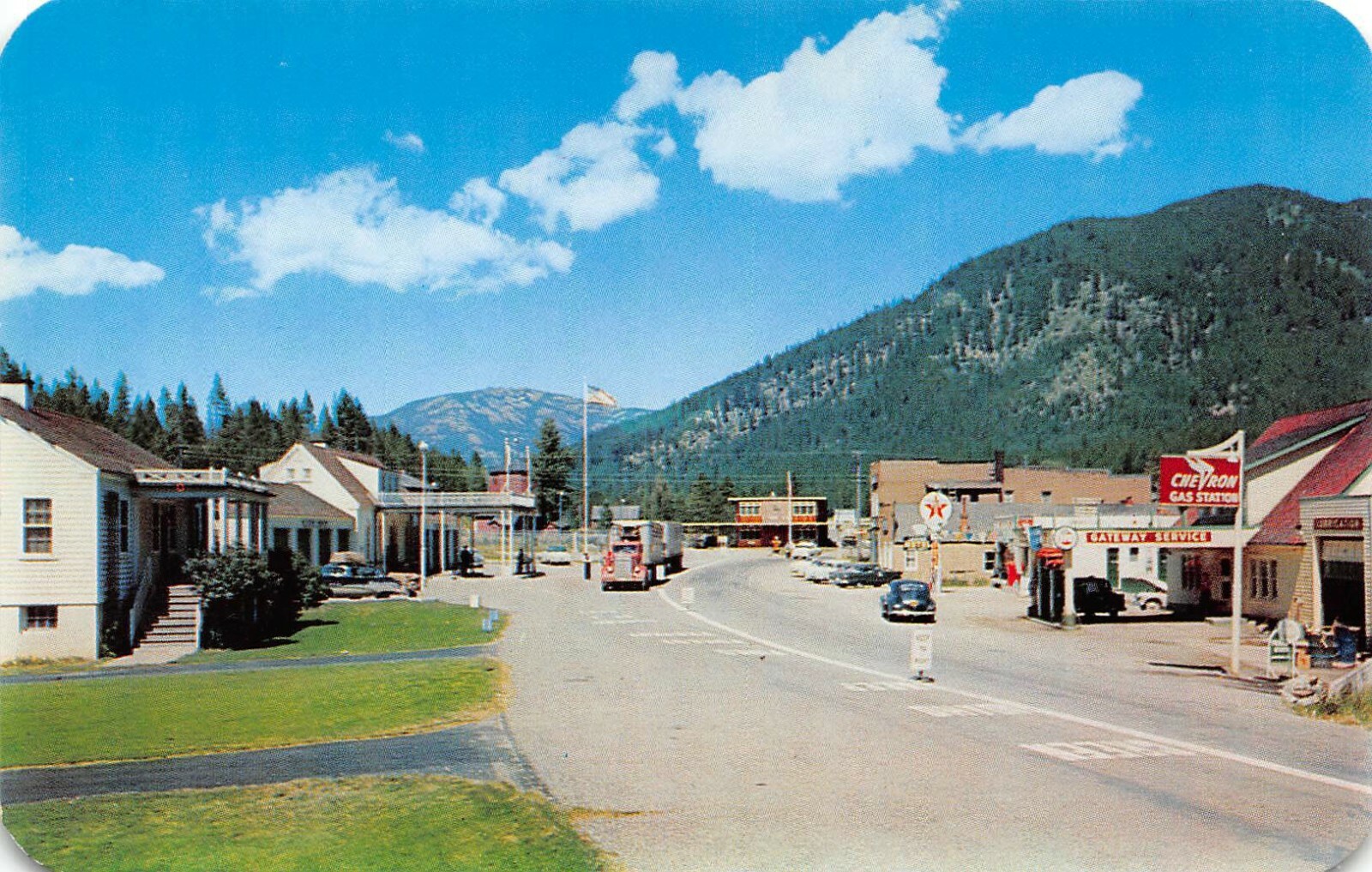 US Customs Texaco Gas Station Vtg Cars Street Scene Eastport,ID 1950's