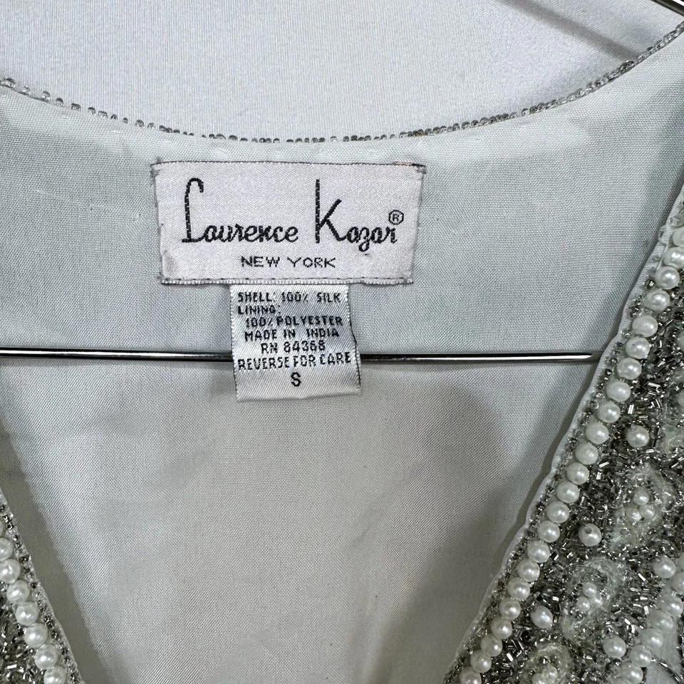 Blazer corto nupcial Laurence Kazar blanco perla plata seda cuentas talla pequeña Foto 2 de 4