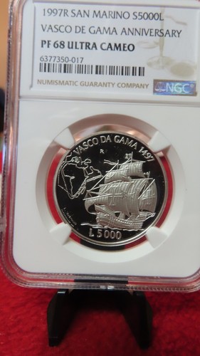 San Marino (Italy) 1997 San Marino Vasco Da Gama Ship Silver 5,000 Lire ngc PF68 - Picture 3 of 11