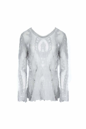 JAYLEY Grey Vintage Inspired Lace Long Sleeved Top One Size - Picture 7 of 7