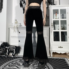 Lady Velvet Flared Pants Trousers Bell-bottoms Lace Splice Retro Fashion Casual
