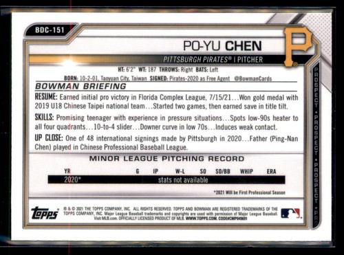 2021 Bowman Sapphire #BDC-151 Po-Yu Chen NM/MT - Picture 2 of 2