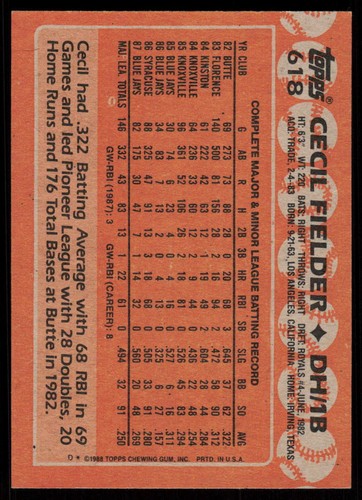 1988 Topps Cecil Fielder #618 BASEBALL Toronto Blue Jays - Picture 2 of 2