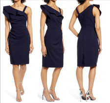 VINCE CAMUTO ASYMMETRICAL ONE SHOULDER RUFFLE SLEEVE NAVY BODY-CON DRESS sz 2