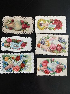 1800's Victorian Calling Card & Die Cut Lot of 6 Flowers Hand Doves