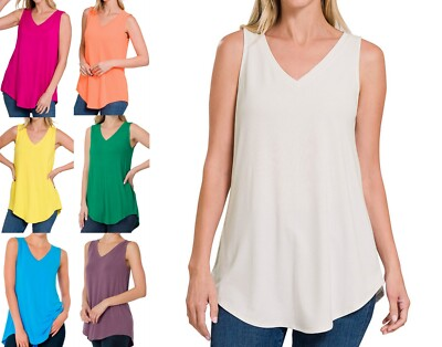 #ad Luxe Rayon V Neck Sleeveless Soft Rayon Top High Low Curve Hem Long Tank Tunic $8.99