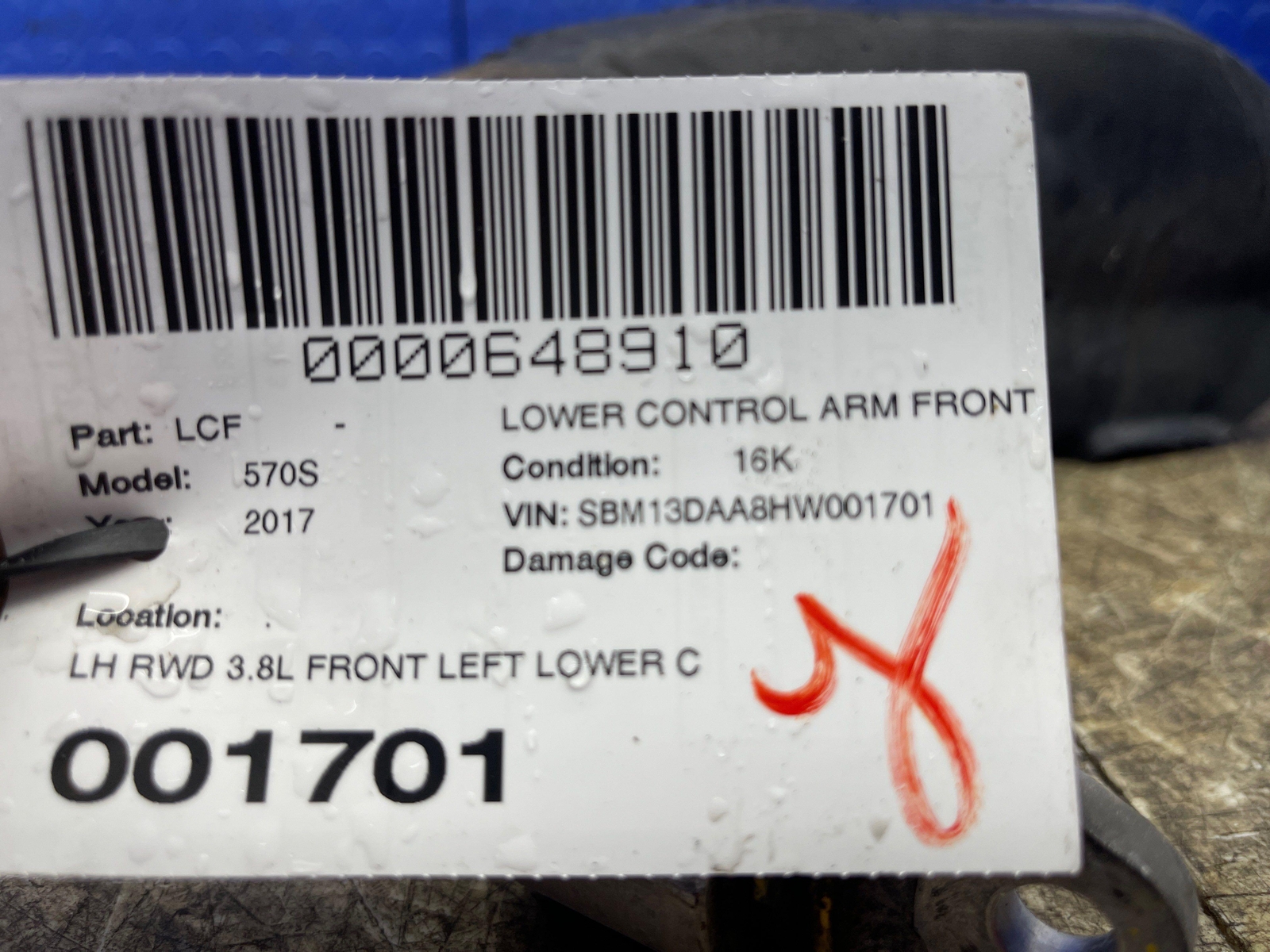 2016 2017 2018 2019 2020 2021 MCLAREN 570S RWD 3.8L FRONT LEFT LOWER CONTROL ARM