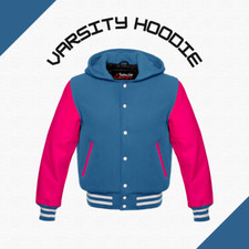 Wool Letterman Baseball Varsity Bomber Jacket Hoodie Genuine Leather Sleeves