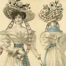 Original Fashion Engraving Parisian Costume Elegance Ribbon Hat Watercolor 19th Century