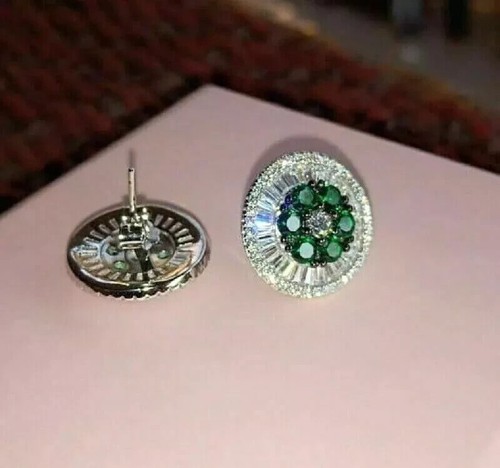 Art Deco Style Round Cut Emerald & Lab Created Diamond Earring 14k White Gold FN - Picture 2 of 8