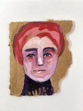 Original Quirky Woman Portrait Painting Torn Cardboard Outsider Naive Art