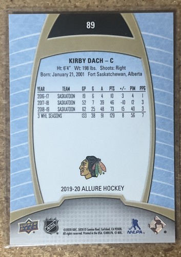 2019-20 Upper Deck Allure Kirby Dach #89 RC Rookie Chicago Blackhawks - Picture 2 of 2