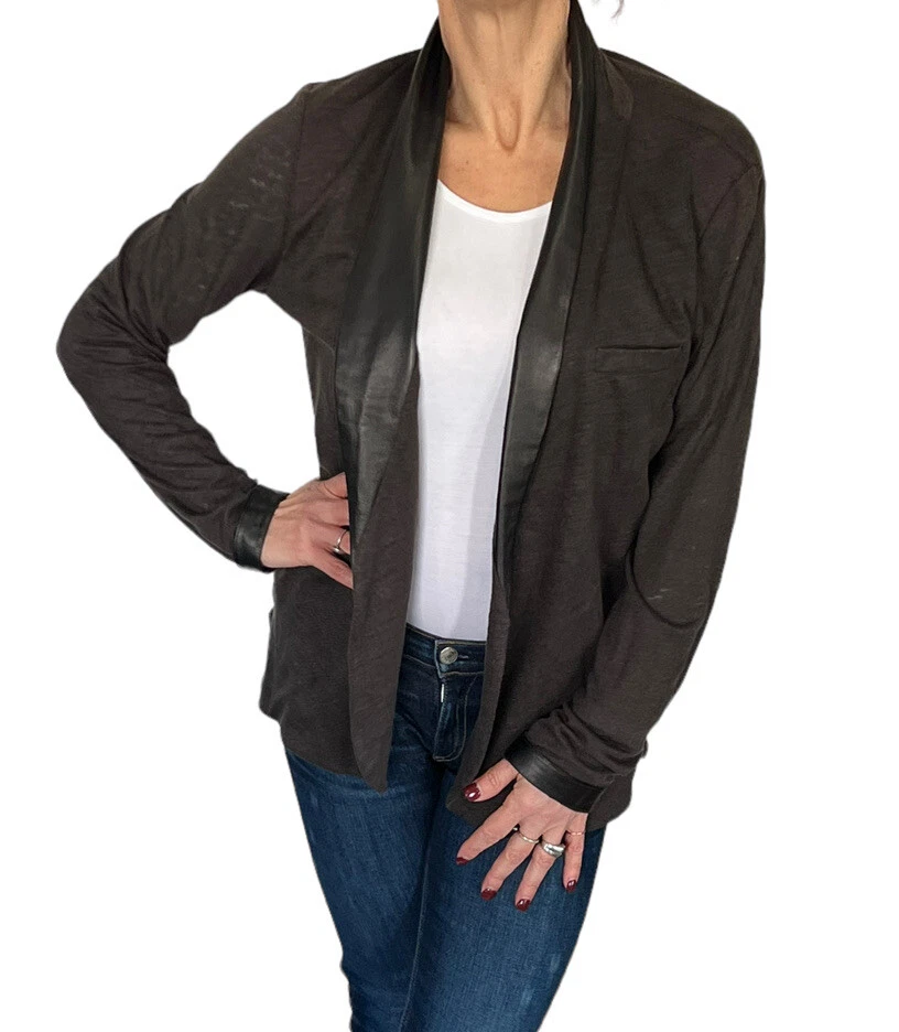 MAJESTIC FILATURES MARRÓN LINO CUERO GENUINO RIBETE ABIERTO CÁRDIGAN SUÉTER 3 L Foto 3 de 4