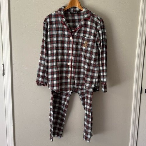 LAUREN by Ralph Lauren Flannel Notch Collar Pajama Set In Ivory Plaid Sz Medium - Picture 11 of 11