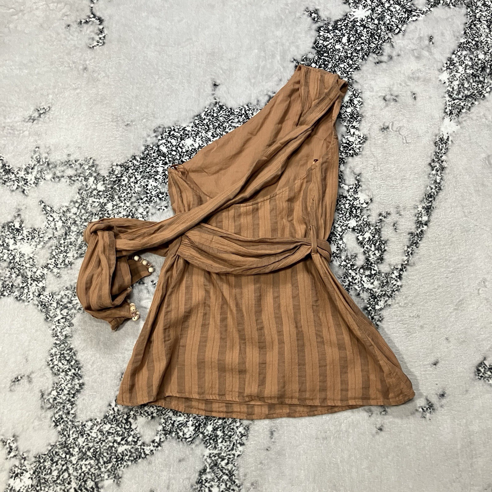 Zara One Shoulder Top NWT Striped Brown Tie Waist Beaded Sleeve Womens Sz XS thumbnail 4