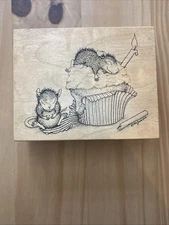 VTG House Mouse Birthday Cupcake #58 Stampa Rosa Santa Rosa 1990 Rubber Stamp