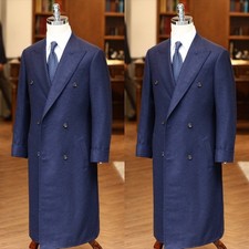 Wool Men Long Coat Peak Lapel Double Breasted Business Winter Outdoor Overcoats