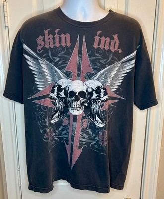 Y2K VTG Skin Industries Gray T-Shirt double-sided graphic skate Emo/Grunge SZ XL