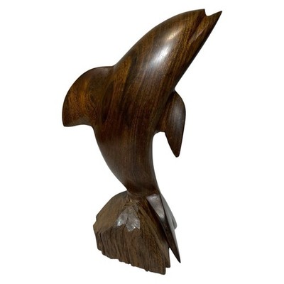 Hand Carved Solid Wood Dolphin Figurine Sculpture Smooth Dark Brown Wedgwood 9 