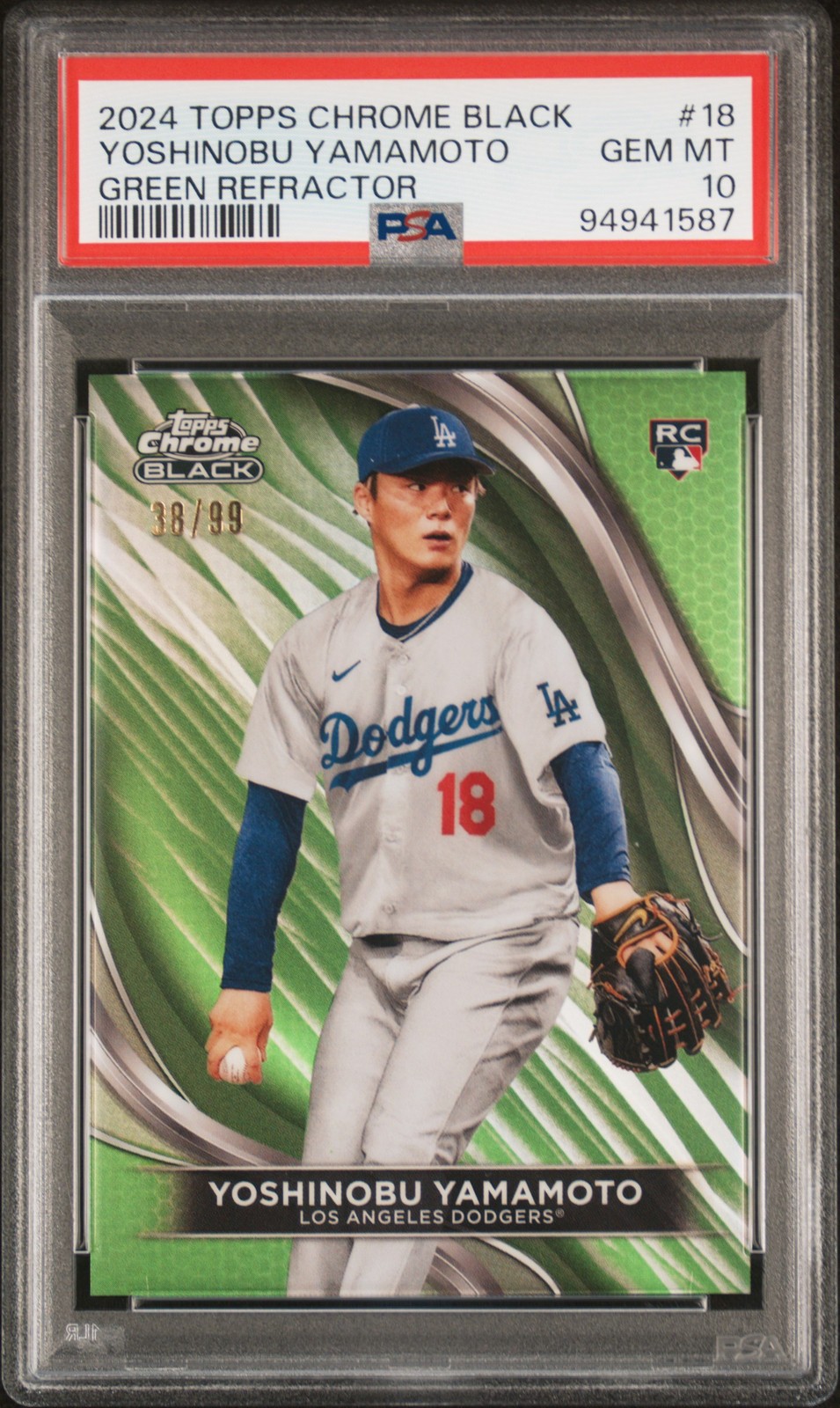 2024 TOPPS CHROME BLACK GREEN REFRACTOR #18 YOSHINOBU YAMAMOTO 38/99 PSA 10