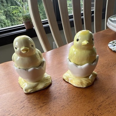 Yellow & White Chick in Egg Ceramic Salt & Pepper Shakers Set, 2pc Glossy