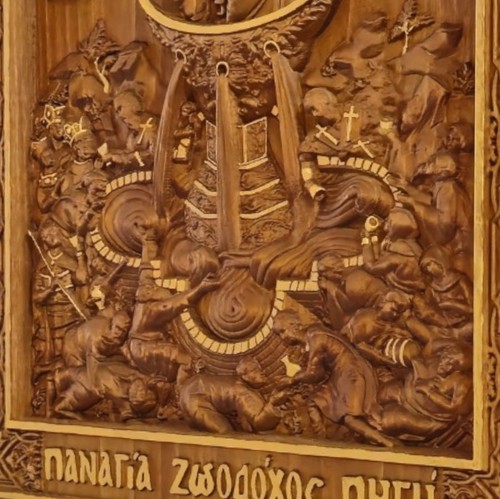 Mother of God Life Spring Wooden Carved Handcrafted Christian Byzantine Icon. - Picture 7 of 10