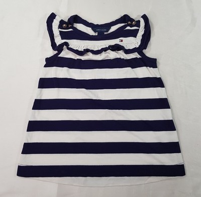 TOMMY HILFIGER BABY MÄDCHEN ALTER 6-9 MONATE MARINEBLAU WEISS GESTREIFT MARITIM KLEID RÜSCHEN