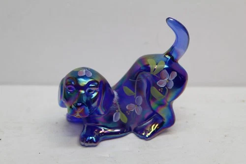 Fenton Art Glass Dog Figurine Carnival Cobalt Blue Iridescent HandPainted Floral
