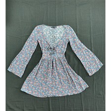 American Eagle Outfitters Blue Floral Tie Front Bell Sleeve Mini Dress XXS