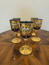 5 Murano Venetian Tre Fuochi ( 3 Flames) Hand Painted Gold & Cobalt Wine Glasses