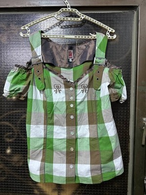German Trachten Blouse Dirndl Oktoberfest Green Plaid Cold Shoulder Top Size 42