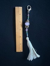 Scissor fob bag charm pig, pink and green beads tassel