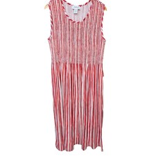 Vermont Country Store Red White Striped Smocked Midi Dress Pockets XL Coastal