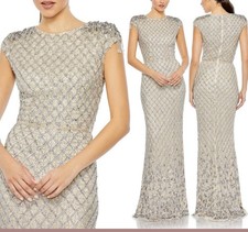 Mac Duggal 5642 Sz 4 Nude Silver Embellished Cap Sleeve Column Gown 698