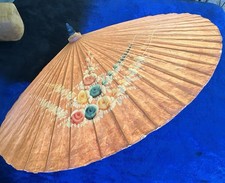 Vintage Asian Rice Paper  Bamboo Painted Umbrella Parasol Full Size Flowers