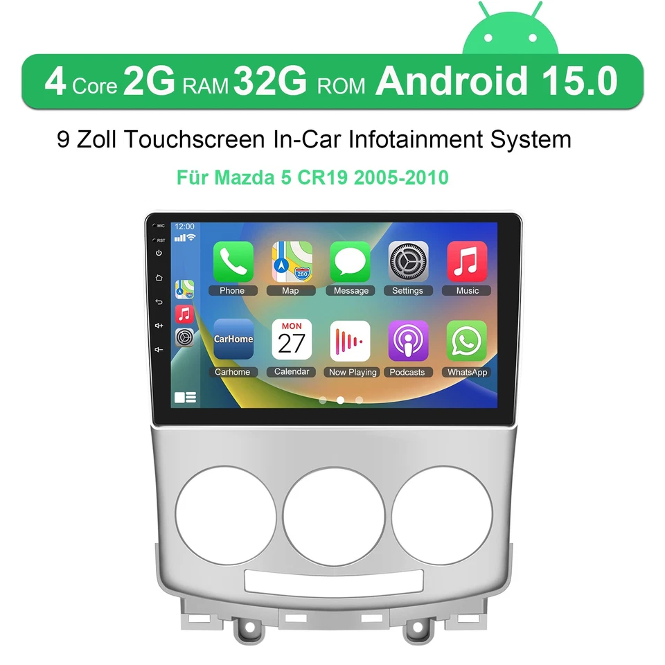 Für Mazda 5 CR19 2005-2010 Autoradio Carplay Android 15 BT GPS Navi DAB+ 2+32G - Bild 2 von 4