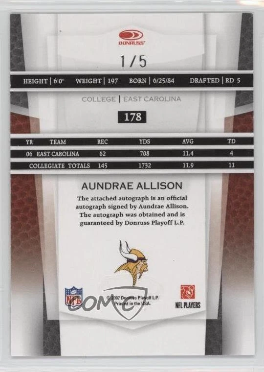 2007 Leaf Certified Materials New Generation /5 Aundrae Allison Rookie Auto RC - Image 2 of 2
