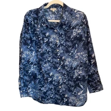 Talbots Plus Size 1X Navy Blue Floral Print Button Up Long Sleeve Shirt Women
