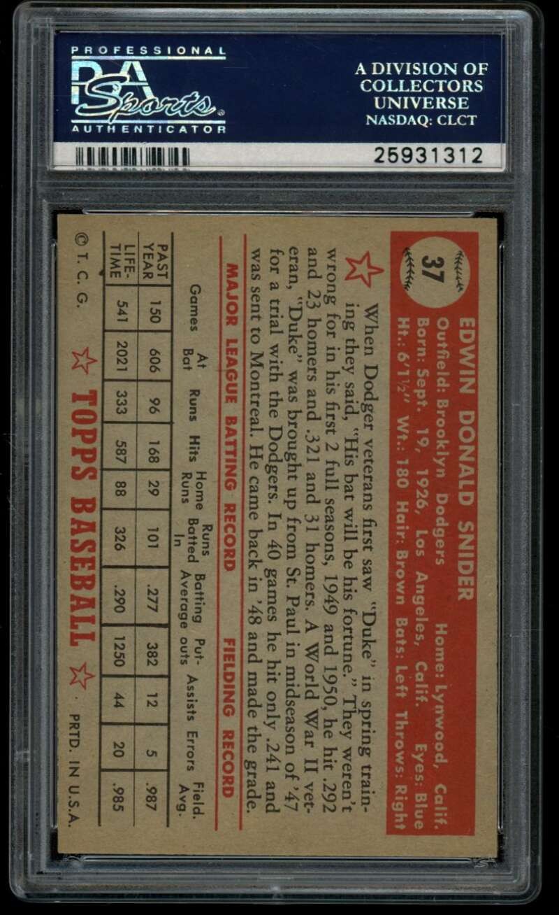 1952 Topps #37 Duke Snider Red Back PSA 7 Brooklyn Dodgers  (1312) view 2
