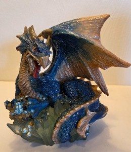 Large 1 pound Blue Glitter Resin Fantacy Dragon on Pearl Wave Base free shipping