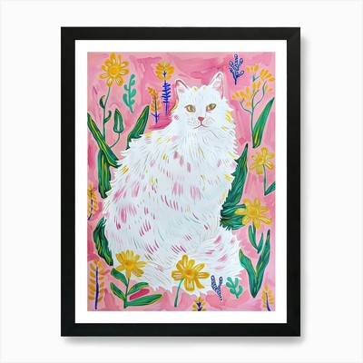Niedliche Angorakatze mit Blumen Illust gerahmtes Wandbild Poster Leinwanddruck Bild