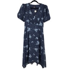 NWT Club Monaco Floral Puff Sleeve Navy Blue 100% Silk V-neck Midi Dress Size 10