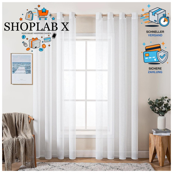 Voile VorhäNge Leinenoptik ÖSen 2Er Set Weiß 140X235Cm Fensterdekoration-image