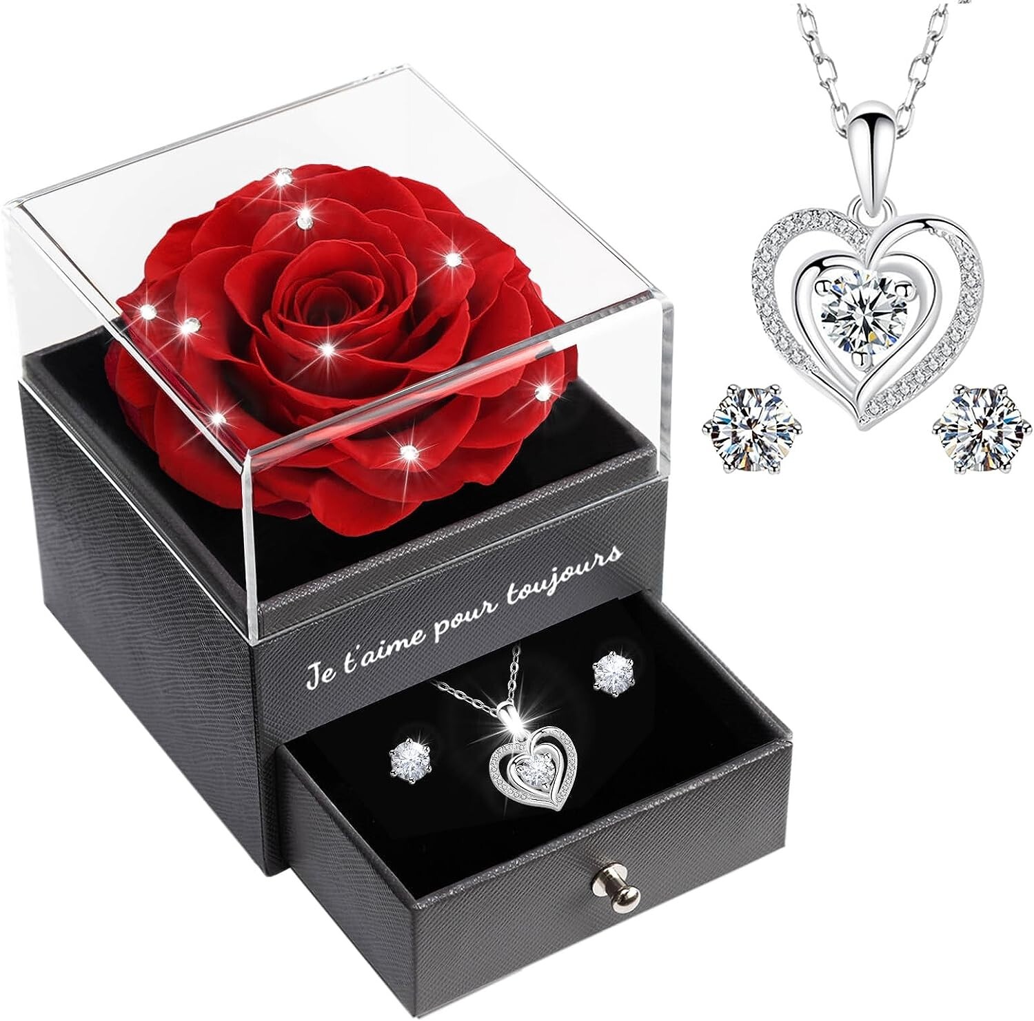 Véritable rose éternelle sous écrin avec parure collier et boucles en verre cristal