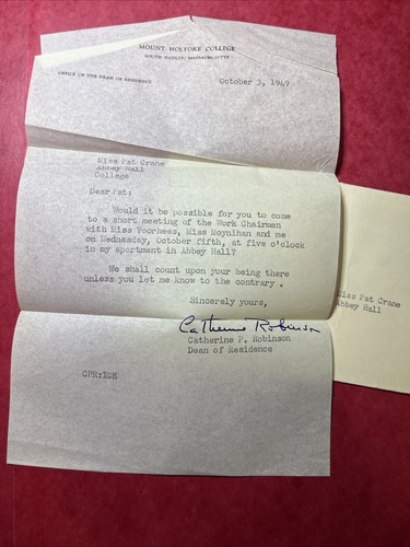 WORK-STUDY College Student 1949 MOUNT HOLYOKE South Hadley Tissue STATIONERY Apt - Picture 1 of 2