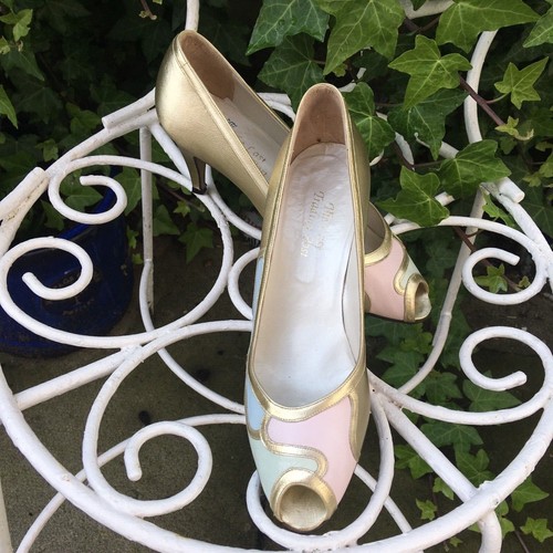 UK5 Vintage 1980s Metallic Gold Leather & Pink/Blue/Green Peep-Toe Shoes - Picture 6 of 24