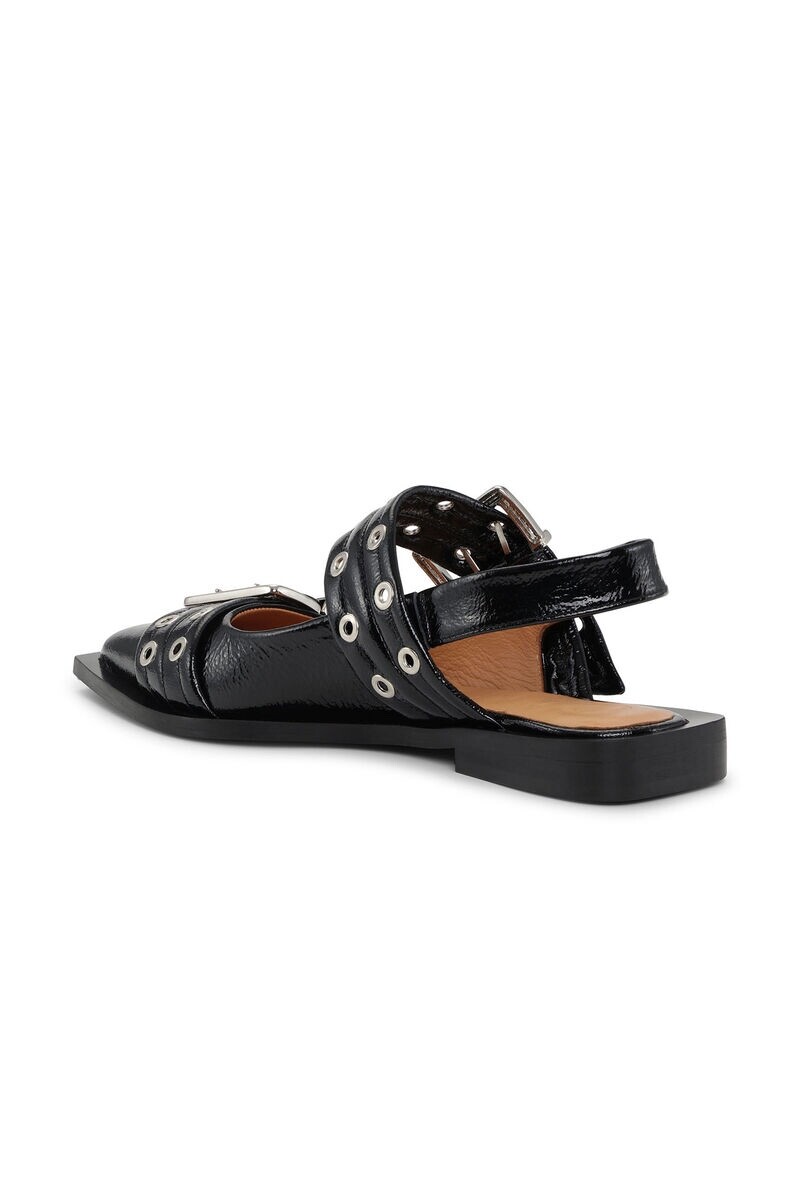 New Ganni Black Patent Slingback Feminine Buckle Ballerinas